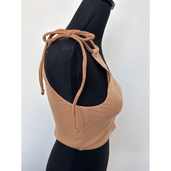 Aerie One Shoulder Asymmetric Fitted Ribbed Crop Top Tan Women's Size M NWT - Picture 2 of 7